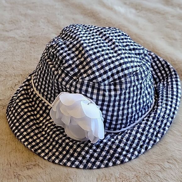JANIE AND JACK NAVY AND WHITE GINGHAM PRINT SUN HAT BONNET, SIZE 2T-3T - Picture 1 of 6